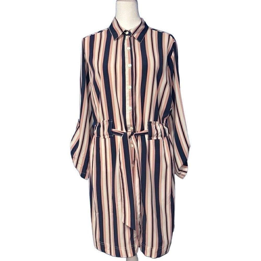 Millenium Striped Shirt Dress Navy Pink Cream Long Sleeve Tie Waist Large